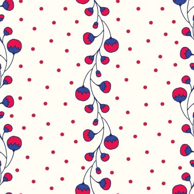 Kusursuz bir arka plan, benekli Crownberry sarmaşıkları. Kırmızı böğürtlenli mavi sarmaşıklar farklı boyutlardaki sayısız kırmızı noktalar arasında yukarı ve aşağı büyüyor. Crown Berry koleksiyonunun bir parçası..