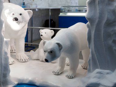 An exposition of polar bears in a shop window. The technology of attracting the attention of a potential buyer in order to increase the sale of products.