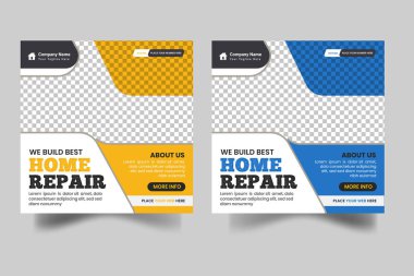 Vector construction and house renovation services social media post and web banner