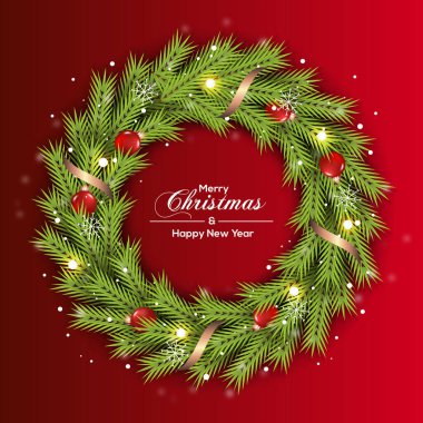 Gerçekçi Noel çelengi ve Noel balosu ve çam dallı yeni yıl tebrik kartı