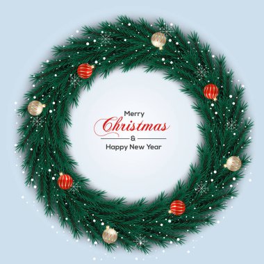 Mutlu Noeller çelengi ve Noel kartı tasarımı Noel balosu, çam dalı ve kar esnemesi