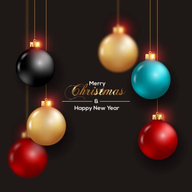 Renkli arkaplan resimli gerçekçi Noel balosu öğeleri ve Noel bayramı dilek kartı şablonu