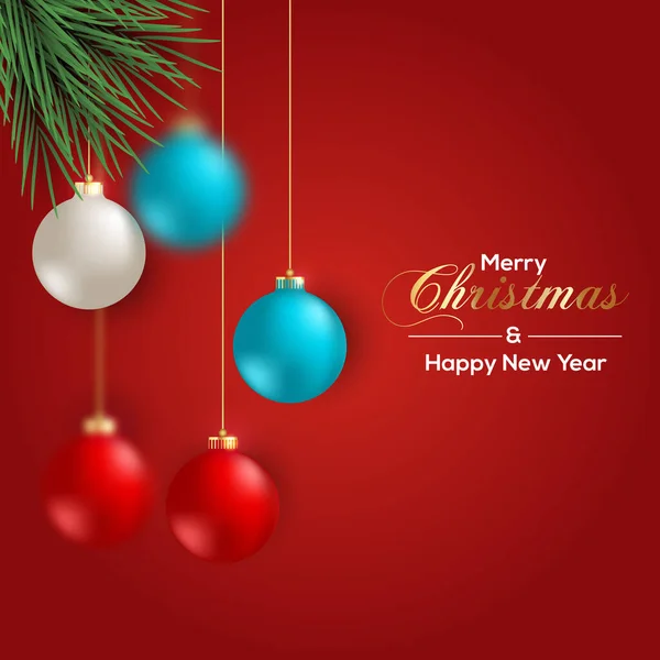 赤い背景のイラストとクリスマスのクリスマスの休日の願いカードテンプレートで現実的なクリスマスボール要素 — ストックベクタ