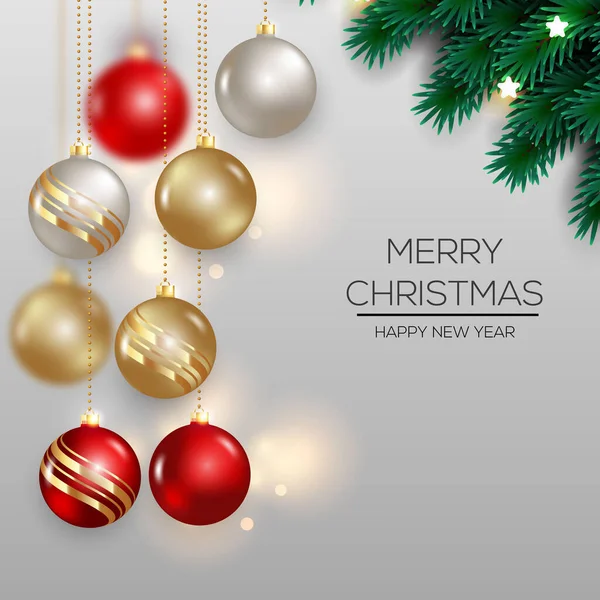 カラーバックグラウンドイラストとクリスマスの休日の願いカードテンプレートで現実的なクリスマスボール要素 — ストックベクタ