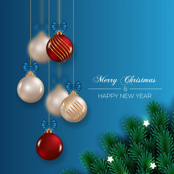 カラーバックグラウンドイラストとクリスマスの休日の願いカードテンプレートで現実的なクリスマスボール要素 — ストックベクタ