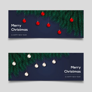 Çam dalı Noel balosu yıldızı ve tebrik kartları, posterler, web sitesi başlıkları için hediye kutusu kullanımlı Mutlu Noeller afişi tasarımı