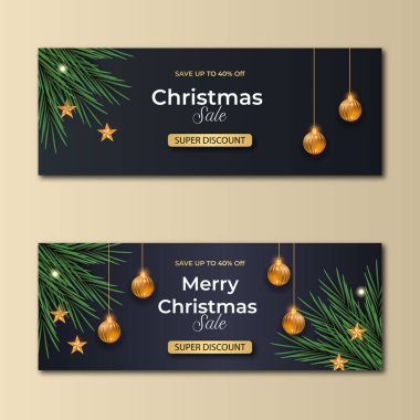 Çam dalı Noel balosu yıldızı ve tebrik kartları, posterler, web sitesi başlıkları için hediye kutusu kullanımlı Mutlu Noeller afişi tasarımı