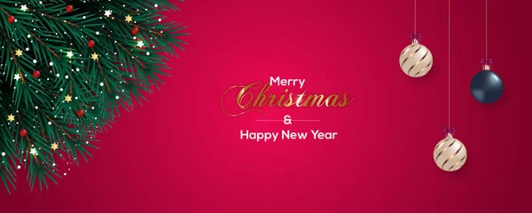 快乐圣诞横幅模板设计与松树分支圣诞球星和礼品盒用于贺卡 头像网站 — 图库矢量图片