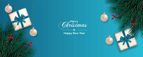 パインブランチクリスマスボールスターとギフトボックスを使用したメリークリスマスバナーテンプレートデザイン グリーティングカード ポスター ウェブサイトのヘッダー — ストックベクタ