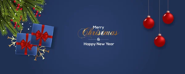 パインブランチクリスマスボールスターとギフトボックスを使用したメリークリスマスバナーテンプレートデザイン グリーティングカード ポスター ウェブサイトのヘッダー — ストックベクタ