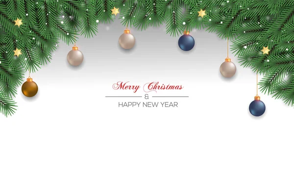 パインブランチクリスマスボールとクリスマススターとのクリスマスの背景デザイン — ストックベクタ