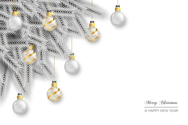 パインブランチクリスマスボールとクリスマススターとのクリスマスの背景デザイン — ストックベクタ