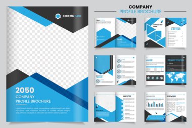 Şirket profili broşür tasarımı, Minimalist kurumsal broşür tasarımı, Şirket profili broşürü modern mavi renk tasarımlı ve soyut geometrik desenli işletme broşürleri.