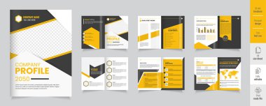 Çağdaş bir şirket profili, Şirket Bi Katlama Broşürü. Sarı ve siyah renklerin kullanımı profesyonel görünümü geliştirir..