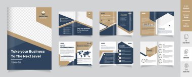 Şirket profil broşürü modern tasarım çeşitli bölümleri ve grafikleri sergiliyor, modern bifold iş broşürü