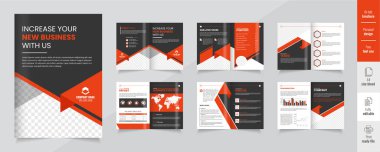 Şirket profili tasarımı, 12 sayfalık şirket broşürü düzenlenebilir şablon düzeni, kurumsal broşür tasarımı kırmızı siyah renk konsepti.