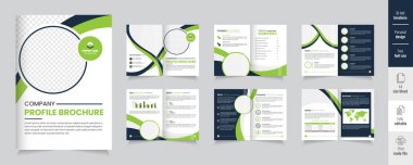 Şirket profil broşürü tasarımı, modern düzen, çeşitli bölümler ve grafikler sergileniyor. Profesyonel ve yaratıcı tasarım unsurlarının yer aldığı zarif çift katlı iş yerleri broşürü