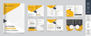 Şirket profili broşür tasarımı, iş profili şablonu sarı tasarım, 12 sayfa, yıllık rapor, en az, düzenlenebilir broşür.