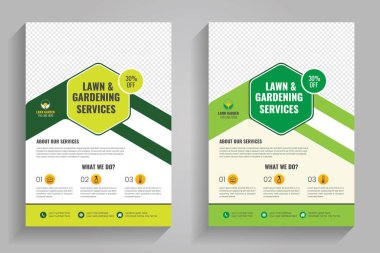 Çim biçme makinesi bahçe düzenlemesi broşürü kaplama şablonu. Bahçe ve bahçe işleri ya da peyzaj servis broşürü