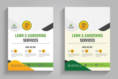 Çim biçme makinesi bahçe düzenlemesi broşürü kaplama şablonu. Bahçe ve bahçe işleri ya da peyzaj servis broşürü