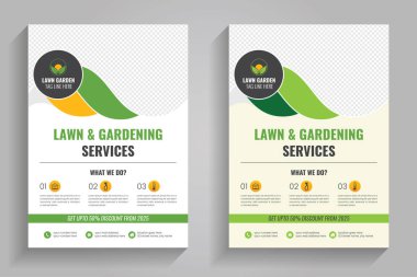 Çim biçme makinesi bahçe düzenlemesi broşürü kaplama şablonu. Bahçe ve bahçe işleri ya da peyzaj servis broşürü