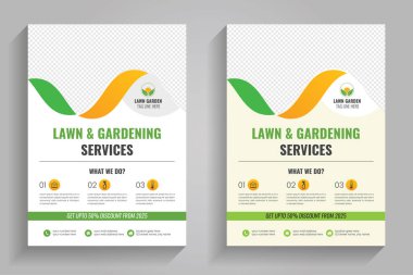 Çim biçme makinesi bahçe düzenlemesi broşürü kaplama şablonu. Bahçe ve bahçe işleri ya da peyzaj servis broşürü