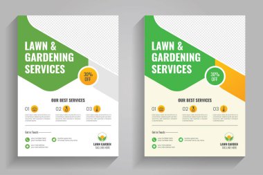 Çim biçme makinesi bahçe düzenlemesi broşürü kaplama şablonu. Bahçe ve bahçe işleri ya da peyzaj servis broşürü