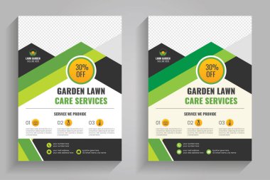 Çim biçme makinesi bahçe düzenlemesi broşürü kaplama şablonu. Bahçe ve bahçe işleri ya da peyzaj servis broşürü