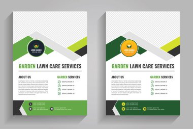 Çim biçme makinesi bahçe düzenlemesi broşürü kaplama şablonu. Bahçe ve bahçe işleri ya da peyzaj servis broşürü