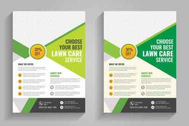 Çim biçme makinesi bahçe düzenlemesi broşürü kaplama şablonu. Bahçe ve bahçe işleri ya da peyzaj servis broşürü