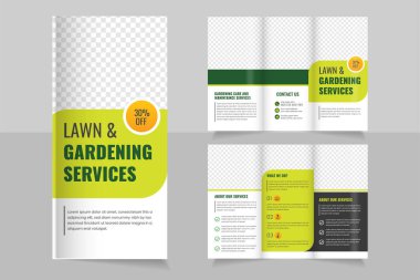 Çim biçme bahçesi veya bahçe düzenlemesi Tarım Hizmetleri Tasarımı, üç katlı broşür tasarım şablonu, Modern Çim Bakımı Broşürü, Bahçe Düzenleme, Bahçe düzenleme veya Tarım Firması Hizmetleri
