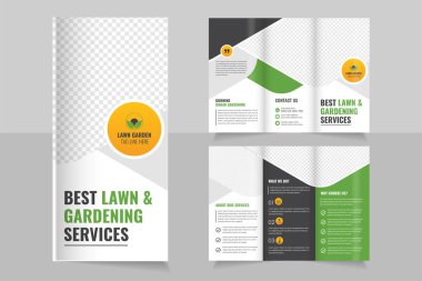 Çim biçme bahçesi veya bahçe düzenlemesi Tarım Hizmetleri Tasarımı, üç katlı broşür tasarım şablonu, Modern Çim Bakımı Broşürü, Bahçe Düzenleme, Bahçe düzenleme veya Tarım Firması Hizmetleri