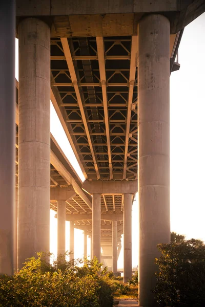 Under side of Arthur Ravenel Jr Bridge over the Cooper River connecting Charleston to Mount Pleasant in South Carolina USA at sunset