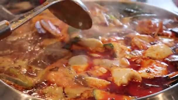 Korean Spicy Seafood Stew Tofu Red Hot Spicy Steamy Warm — Stock Video