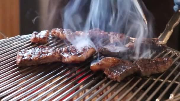 Grillad Wagyu Biff Kol Koreanska Bbq Steamy Smokey Läcker Saftig — Stockvideo