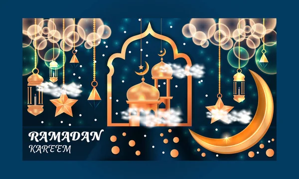 装飾的な装飾黄金の提灯とラマダーンムバラク豪華なイスラムの挨拶の背景 — ストックベクタ