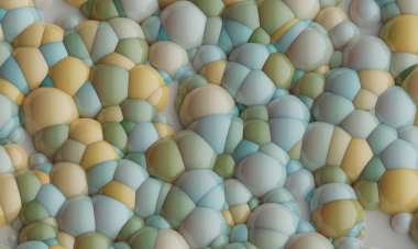 Digital abstract futuristic background of flying, flowing spheres, metaballs. Green substance isolated on white background. Subsurface scattering . Depth of field. 3D render