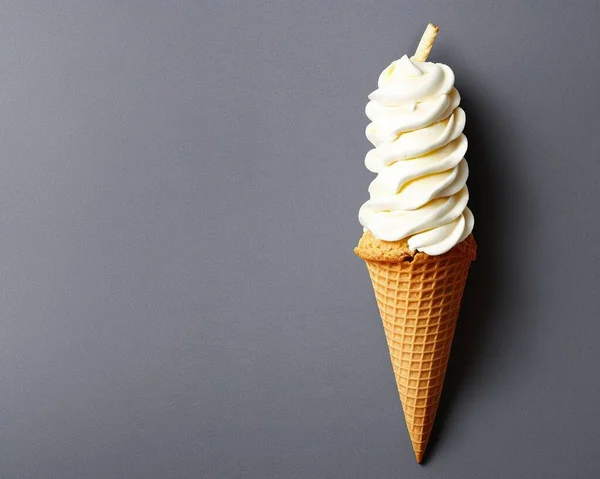 ice cream cone with waffle cones on a gray background. top view. copy space.