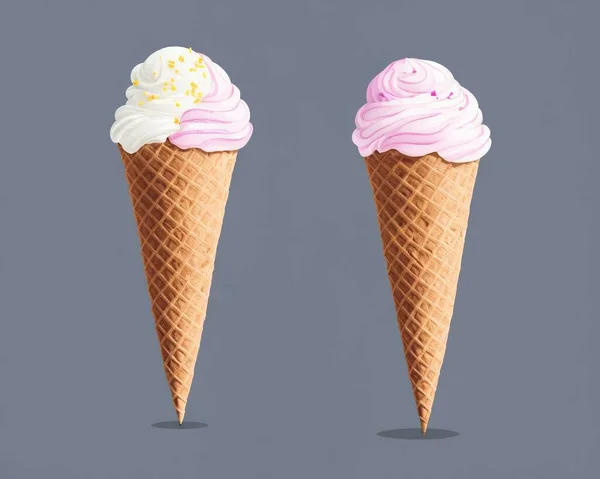 ice cream cone with chocolate and waffle cones on a pink background.