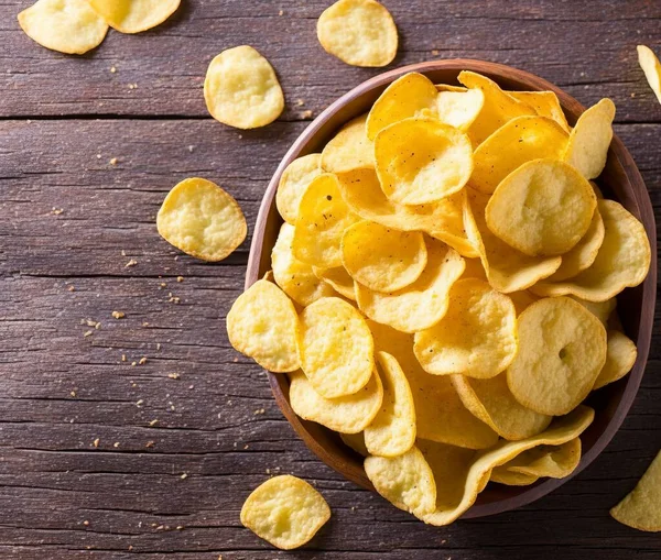 potato chips in a bowl on a wooden background. top view.