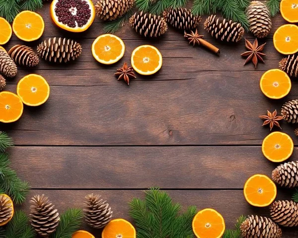 christmas background with fir branches, oranges, tangerines, spices and nuts on a wooden table. top view