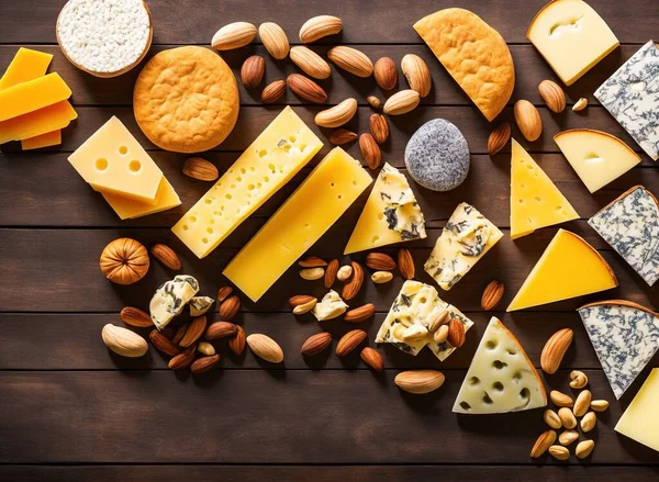 various types of cheese, nuts and honey on wooden background