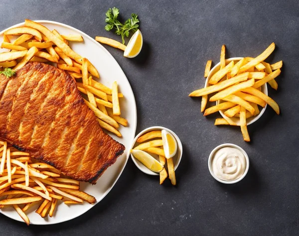 grilled chicken with french fries and chips on black background