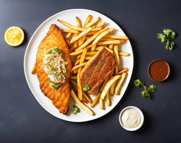 grilled fish with french fries and chips on a black background