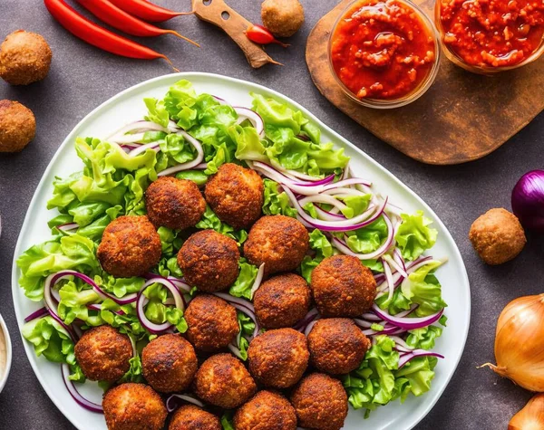 meatballs with meat balls and vegetables on a plate. top view.