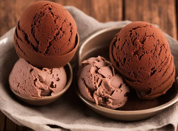 chocolate ice cream in a bowl on a wooden background.