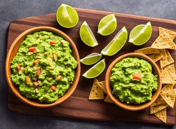 guacamole with lime, avocado and salsa, with fresh vegetables and spices on wooden background. selective focus.