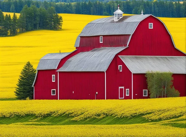 red barn with yellow wheat field
