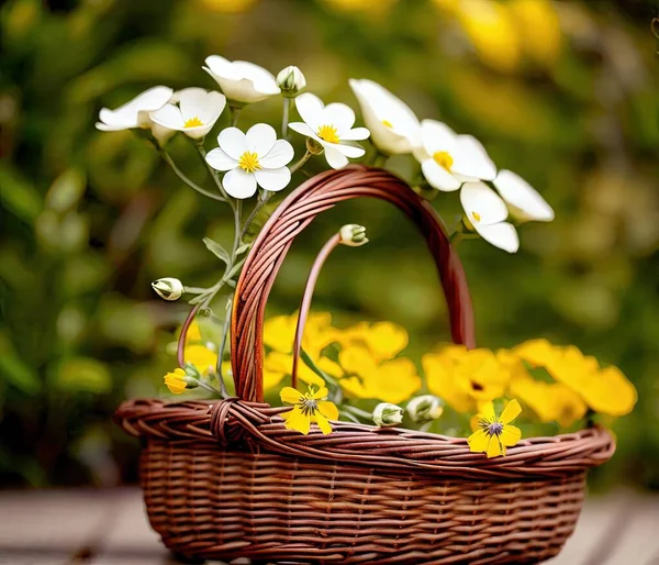 basket with spring flowers in a wicker baskets on a wooden background