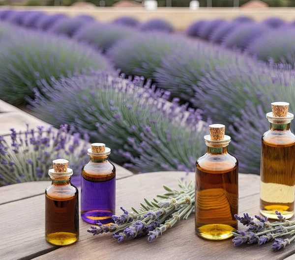 lavender essential oil in a bottle on a wooden background